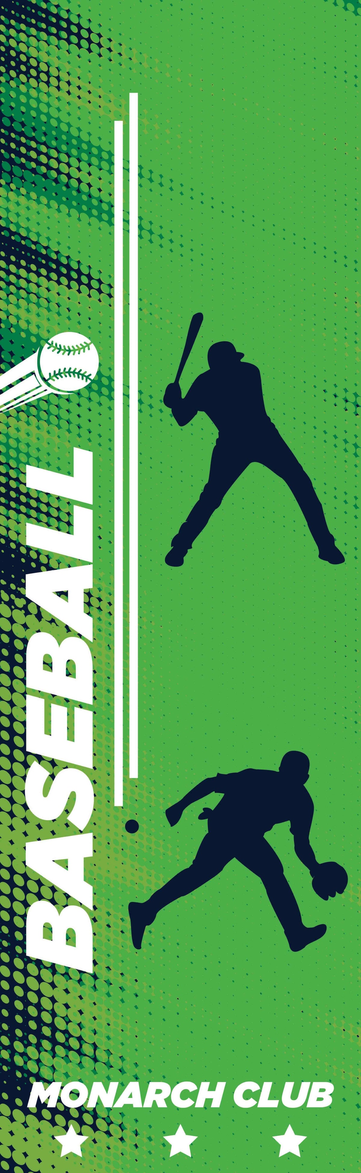 Text in all caps that reads "BASEBALL MONARCH CLUB" on a green background with cutouts of baseball players.