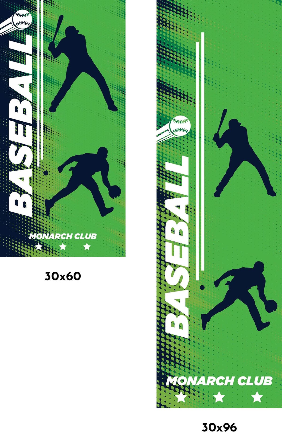 Text in all caps that reads "BASEBALL MONARCH CLUB" on a green background with cutouts of baseball players.