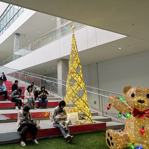 This Shinto Tree decoration, on top of stairs in a mall, is featuring a clear silicone netting that cascades over the tree in a voluminous way. Warm white mini lights are woven throughout the netting, creating a sparkling and diffused light effect. This clean and modern design gives the tree a soft, ethereal glow.