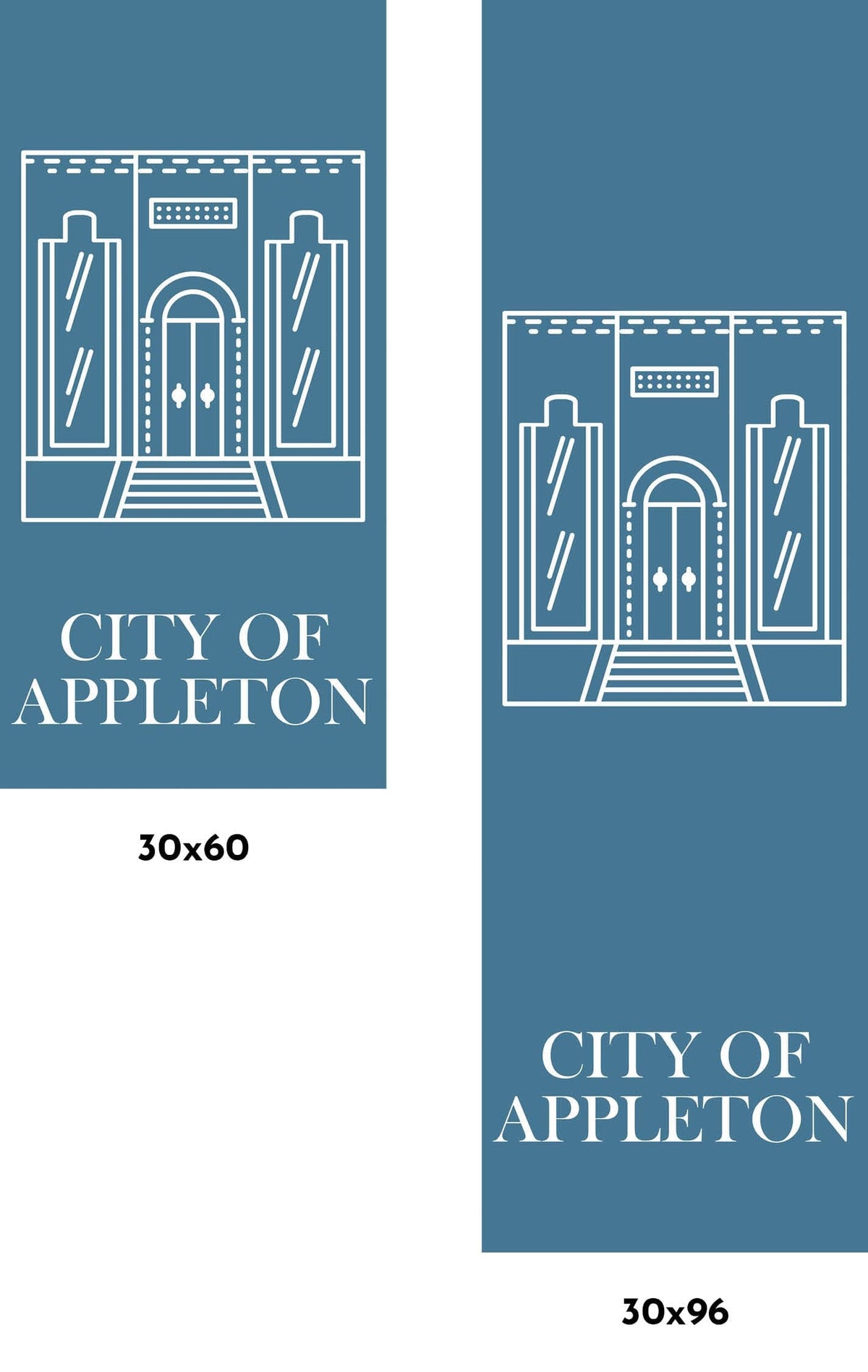 Image of a blue and white banner with the text "City of Appleton" in white lettering. The banner also features a white illustrated building.