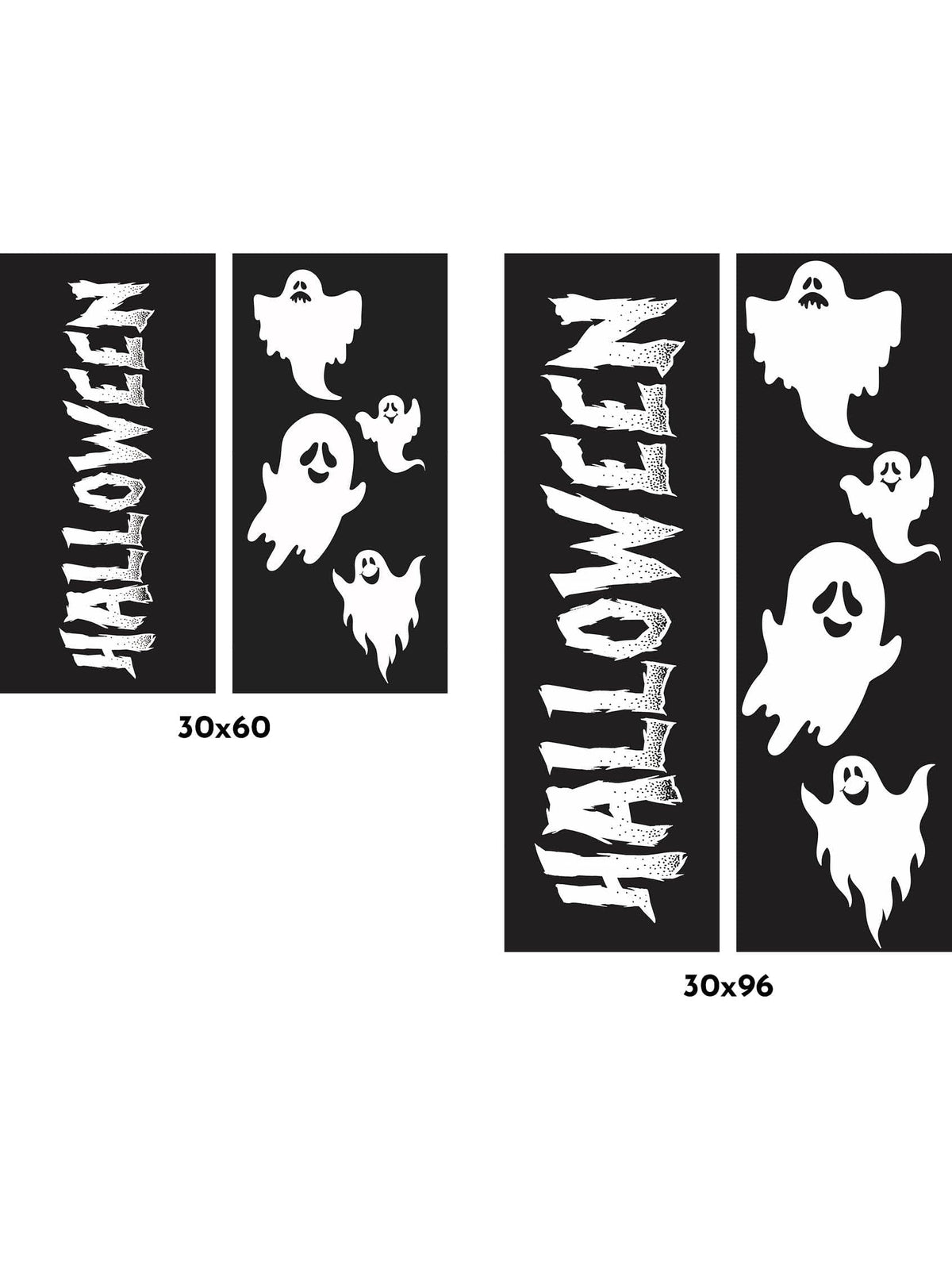  black double banner that includes the word "Halloween" on the left side and 4 white ghosts on the right hand side.