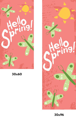 Hello Spring - Green Butterflies - Pink Background Single Vinyl Banner