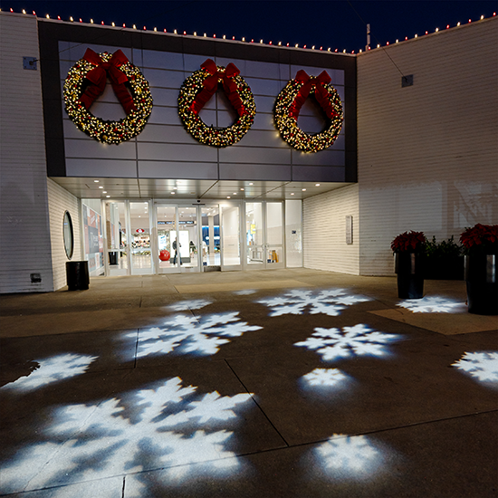 Dekra-Lite Gobo Snowflake Group Gobo displayed outside