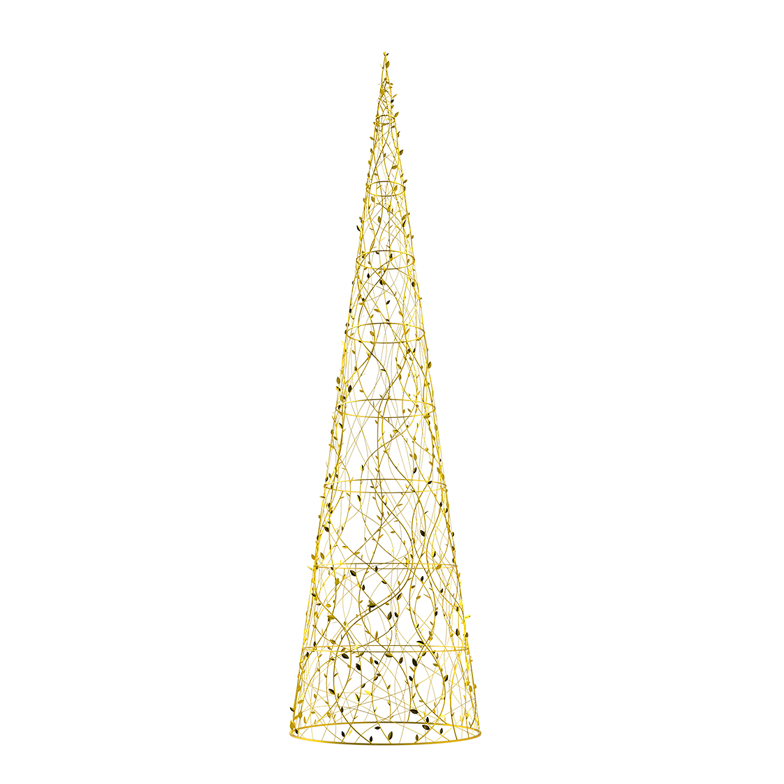 This is a Leavesden Tree, which is featuring a cone shape, adorned with gold metal braiding and golden leaves that elegantly wind around the tree. The tree is illuminated with warm white lights, casting a festive glow.